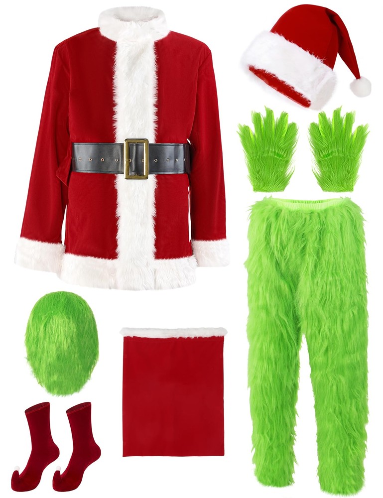 Christmas Costume for Men Santa Suit Adult 8PCS Deluxe Professional Furry Gre...