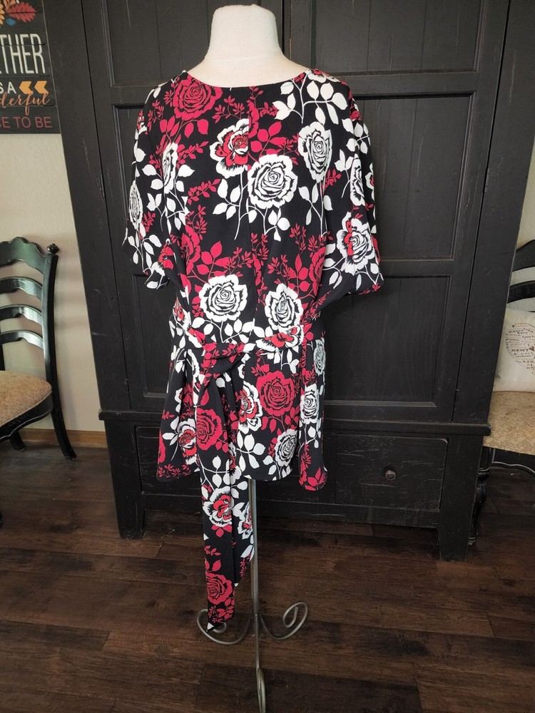 Jessica London Black Red Floral Self Belted Tunic Womens Size 28 EUC Preowned