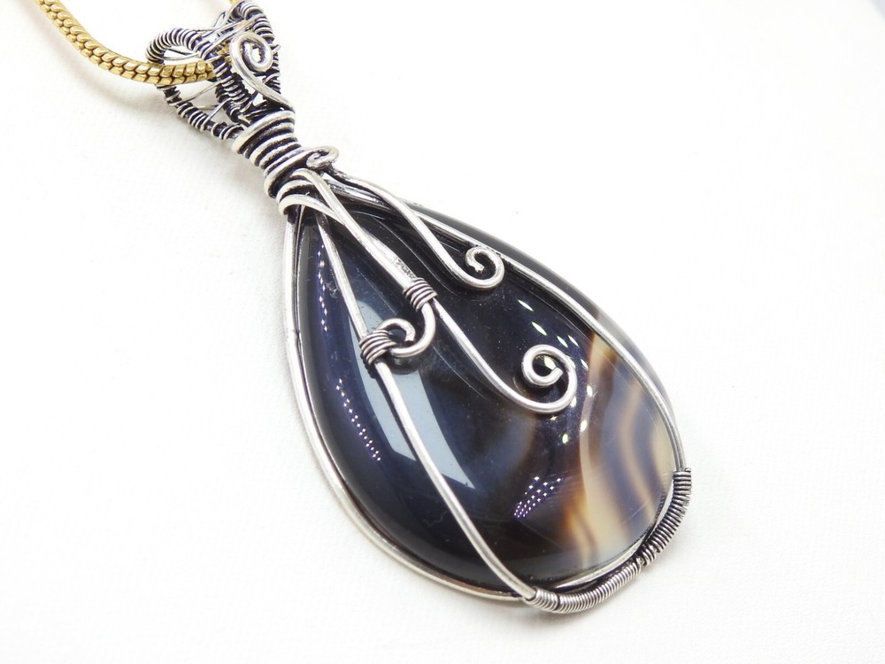 Black Strip Agate Brass Pendant Silver Oxidised Polished Wire Wrapped Jewelry