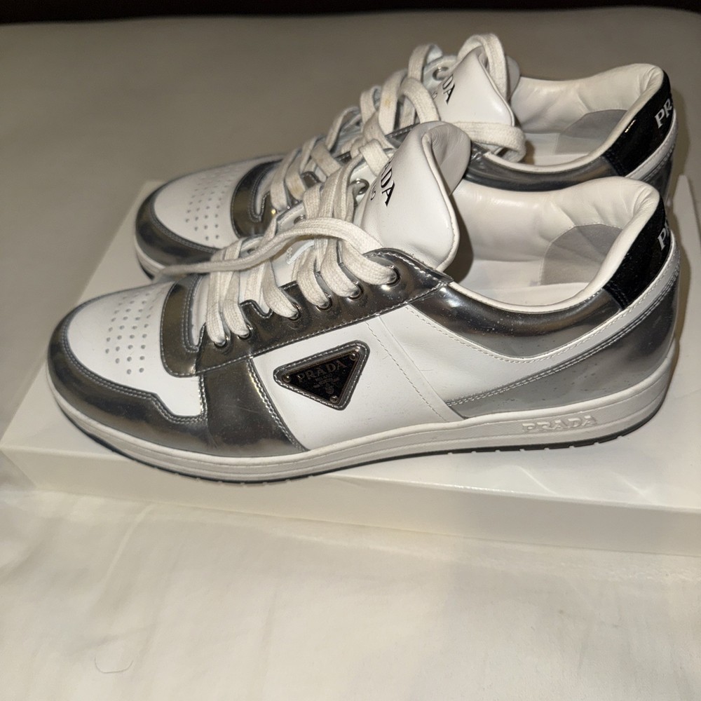 Prada Silver Downtown Leather Sneakers Mens Size 10