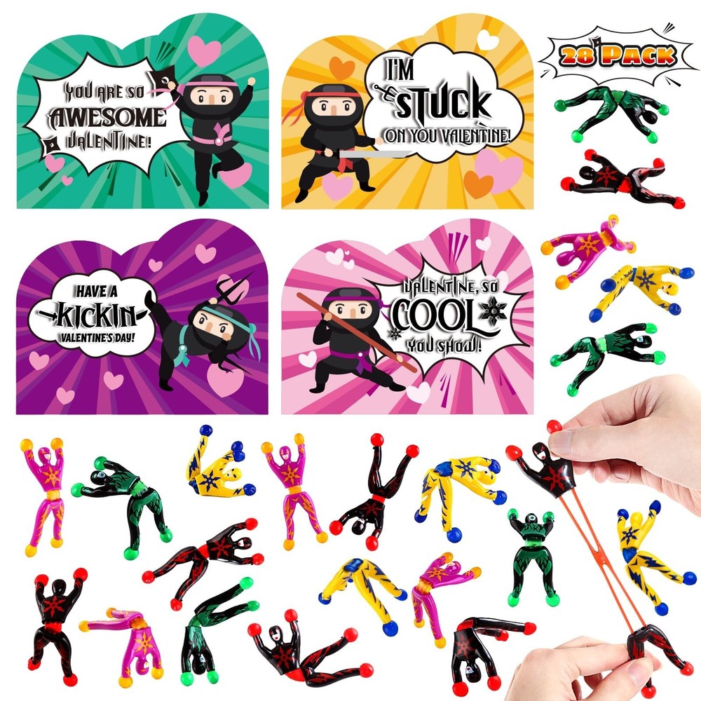Valentines Day Cards for Kids, 28 Pack Sticky Wall Climbing Men Ninja with Cu...