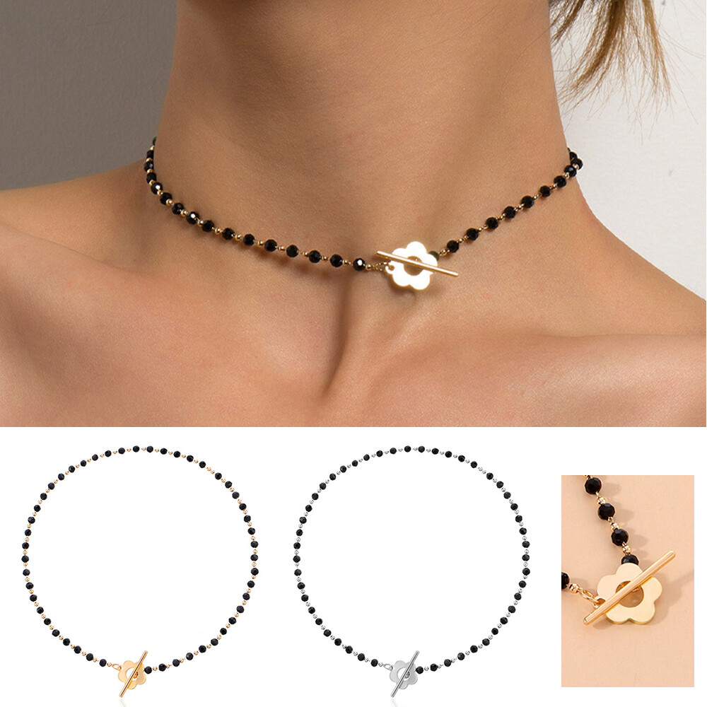 Black Crystal Beads Necklace Choker Stone Jewelry Gold Tone Clavicle Chain HOT