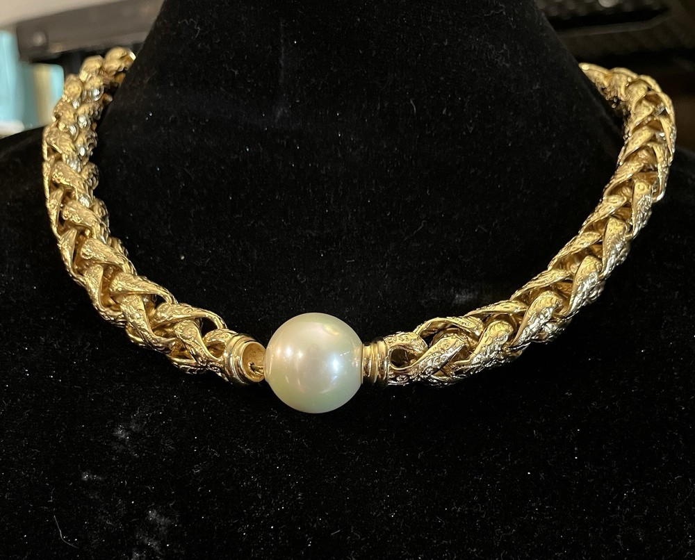 Vintage 1980s Christian Dior gold tone faux pearl braided necklace 16-18 inches