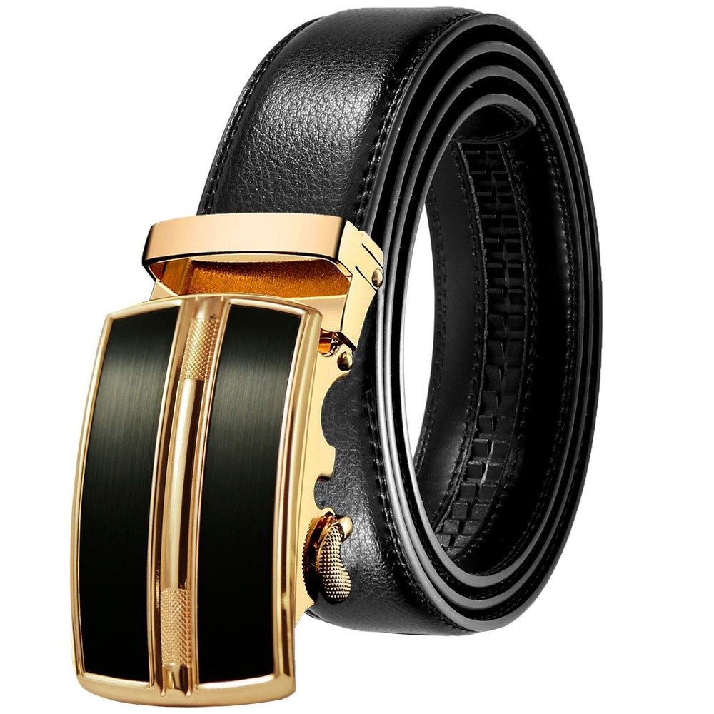 Men's Leather Belt Automatic Buckle 35mm Ratchet Dress Black Belts Boxed KT4