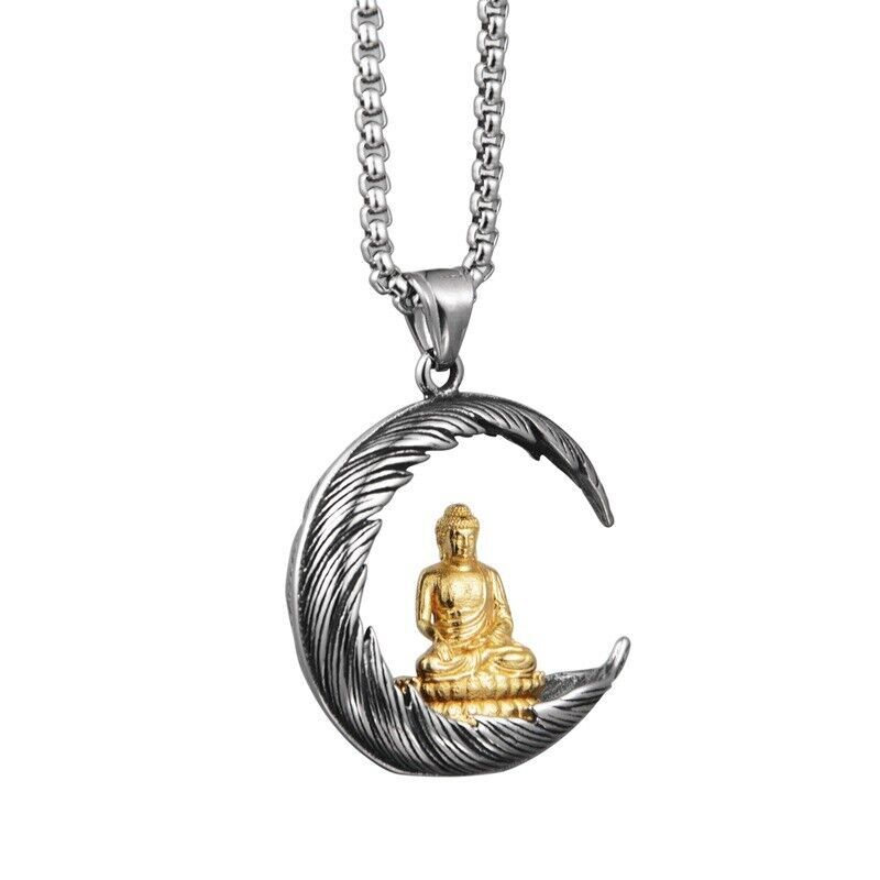 Men’s and Women’s Golden Tibet Buddhist Buddha Pendant Stainless Steel Necklace