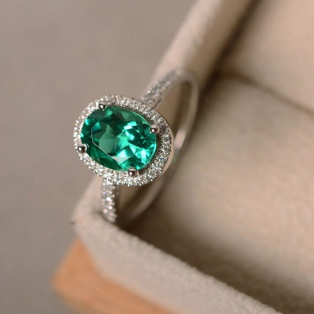 2Ct Oval Simulated Emerald Halo Wedding Ring in 14K White Gold Plated