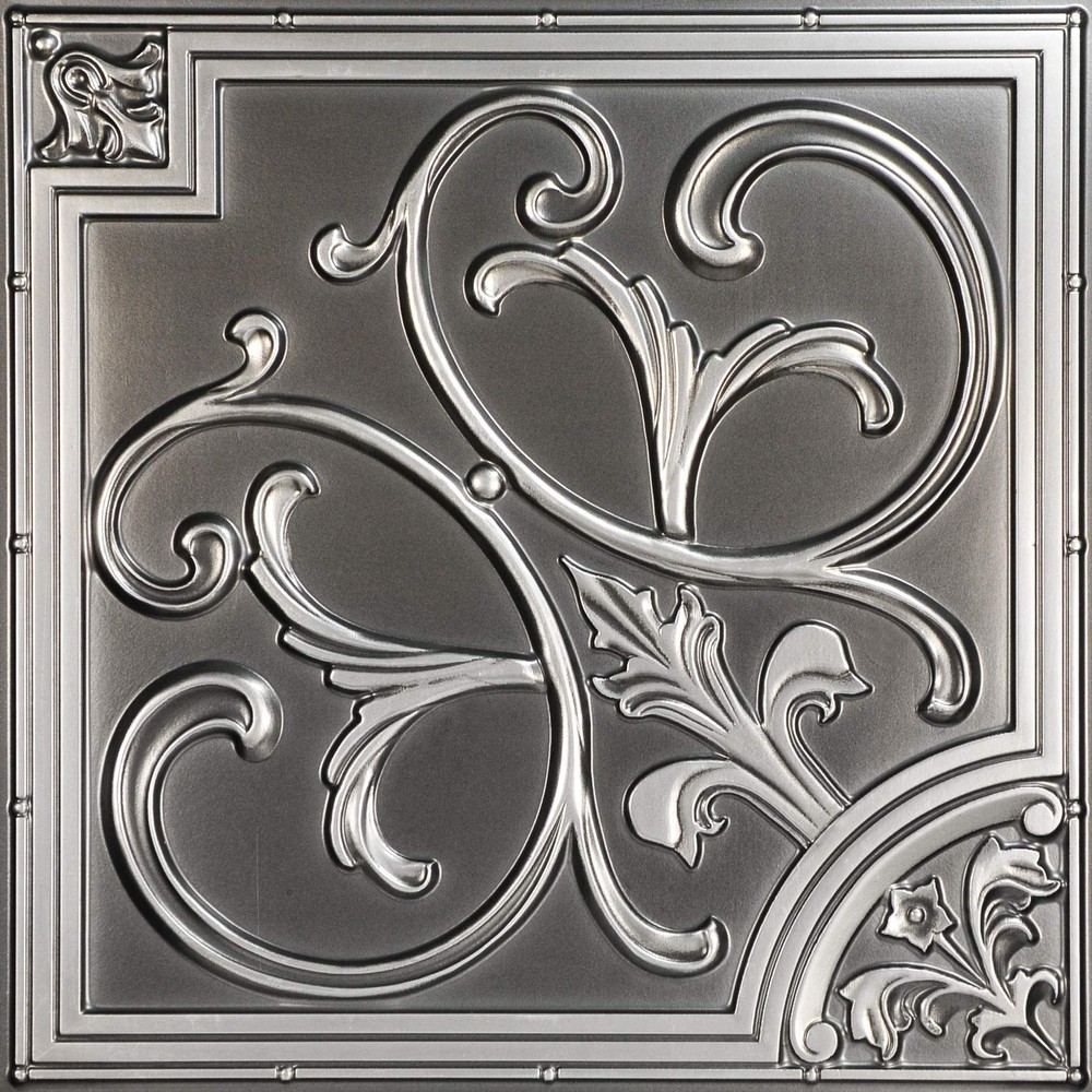 Antique Silver Faux Tin Ceiling Tile with Lilies and Swirls - 25-Pack