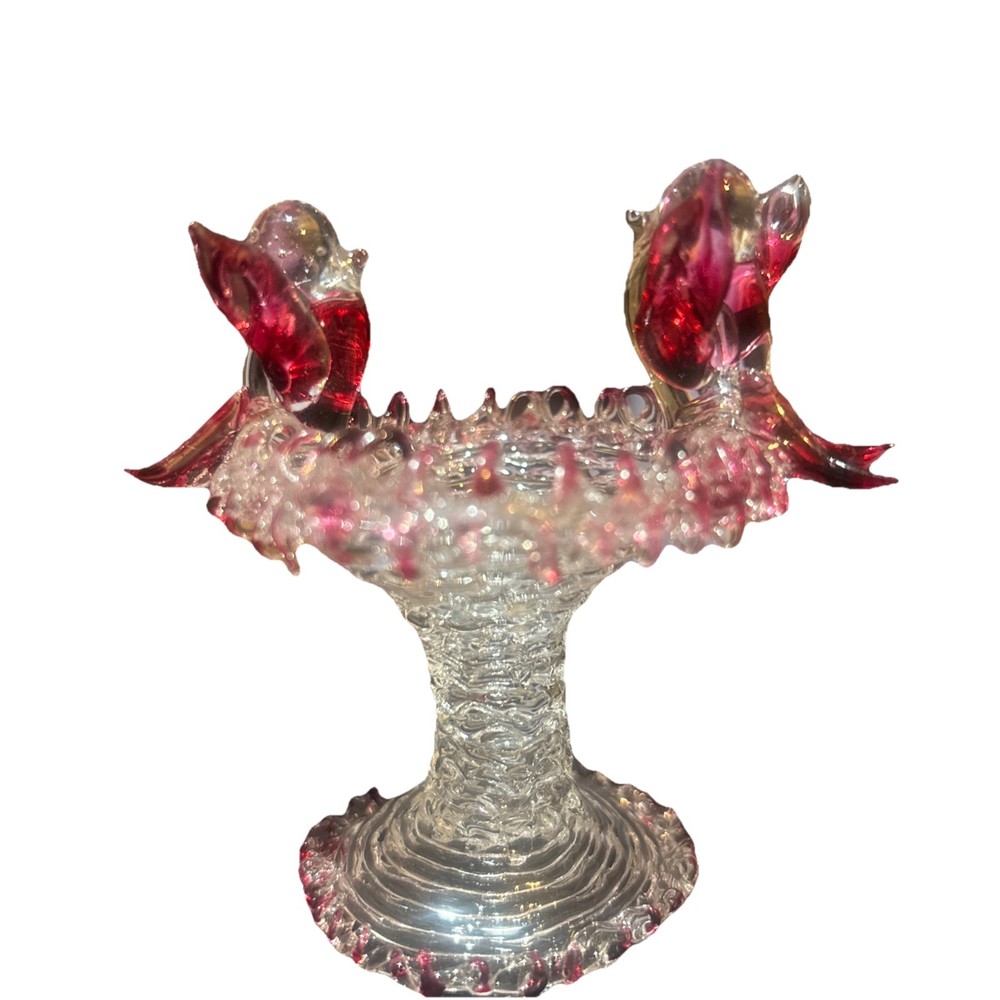 Vintage Hand Blown Spun Glass Bird Bath 2 Birds Figurine Clear and Burgundy 4”