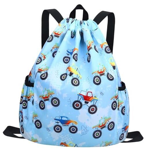 Blue Car Drawstring Backpack for Kids Gym Dance Beach Essentials