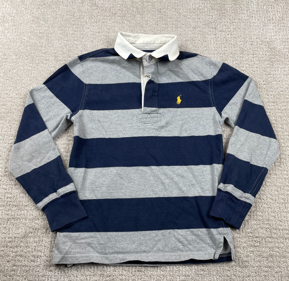 Polo Ralph Lauren Rugby Shirt Youth Small Navy Gray Striped Pullover Long Sleeve