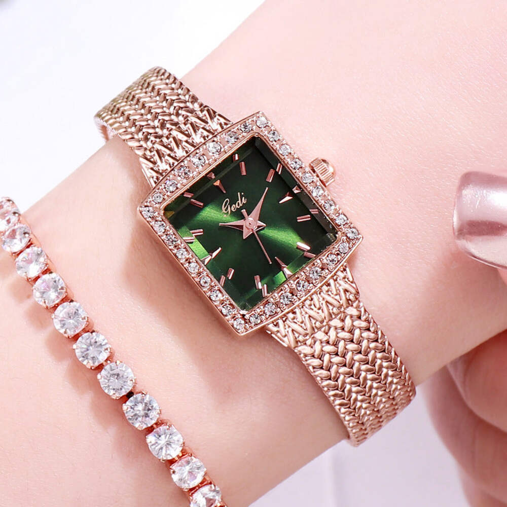 Retro Square Diamond Watch for Women with Mesh Belt and Rose Gold Accents