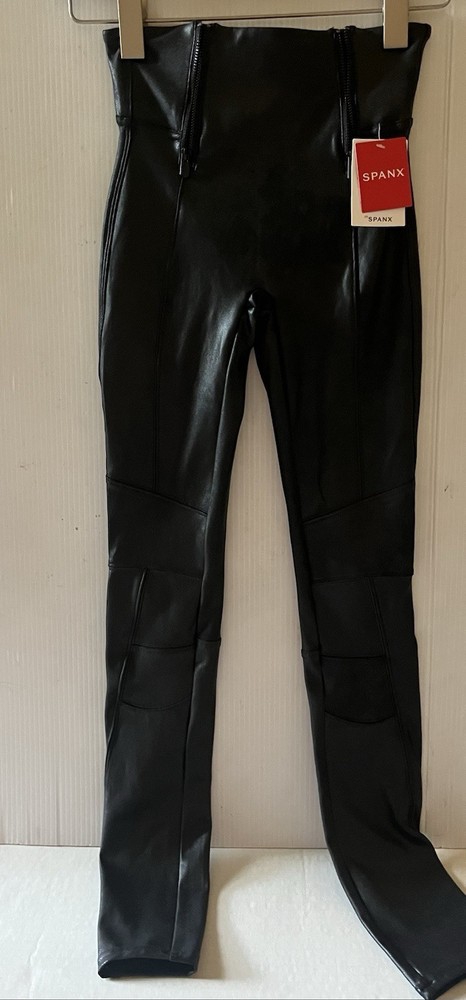 Spanx Women's Faux Leather Hip Zip Moto Style Leggings Very Black Size X Small