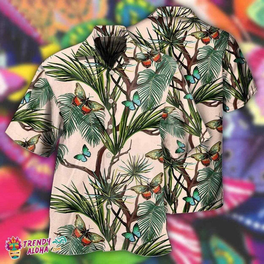 Butterfly Blue Leaf Men's 3D Hawaiian Shirt for Summer Beach Fun and Tropical Style