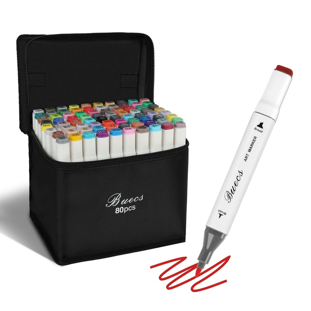 Buecs Alcohol Markers Brush Tip: Double Tipped Art Marker, 80 Count, suitable...