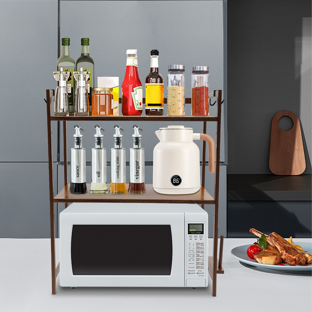 2 Tier 4 Hook Kitchen Storage Rack for Microwave Oven Stand Shelf Organizer SALE