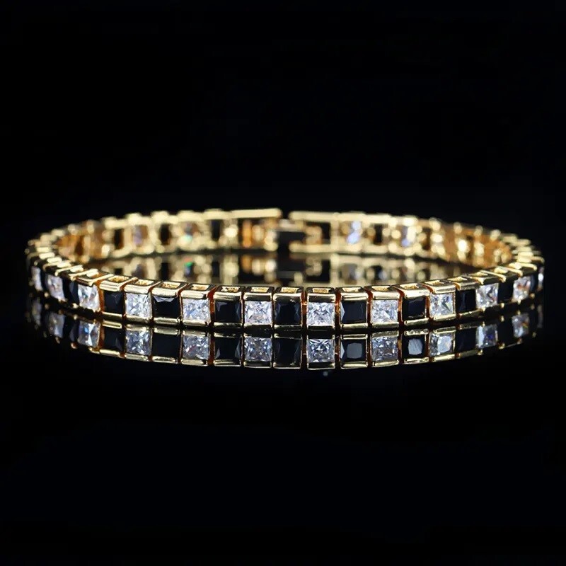 19 ctw Created Princess Black & White Diamond Yellow Gold Plated Tennis Bracelet