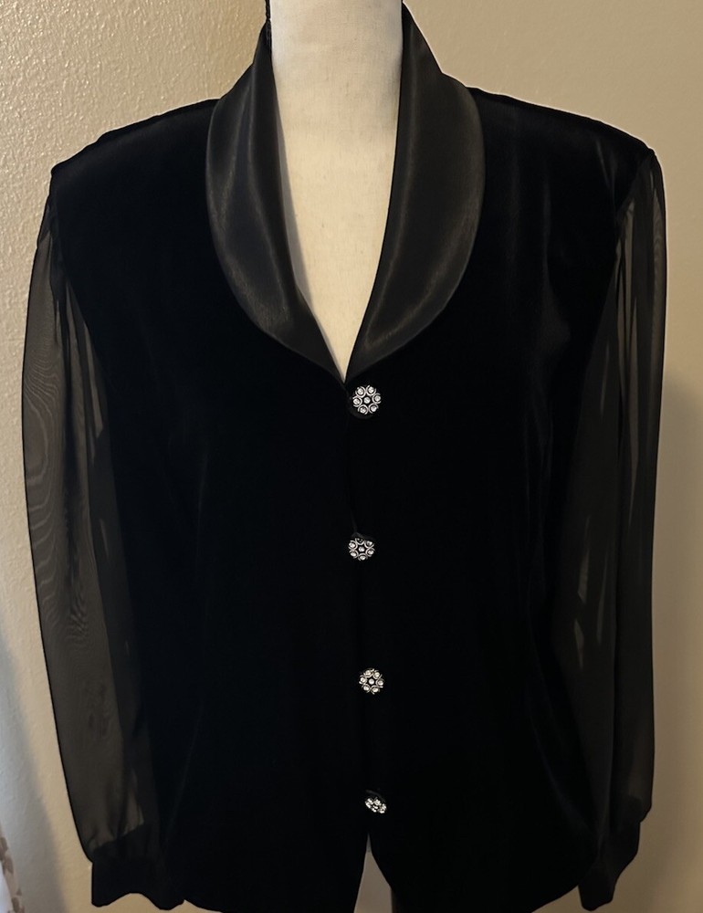 NEW YEARS FORMAL  Black Velvet Chiffon Sleeve Rhinestone Button TopJacket XL-image