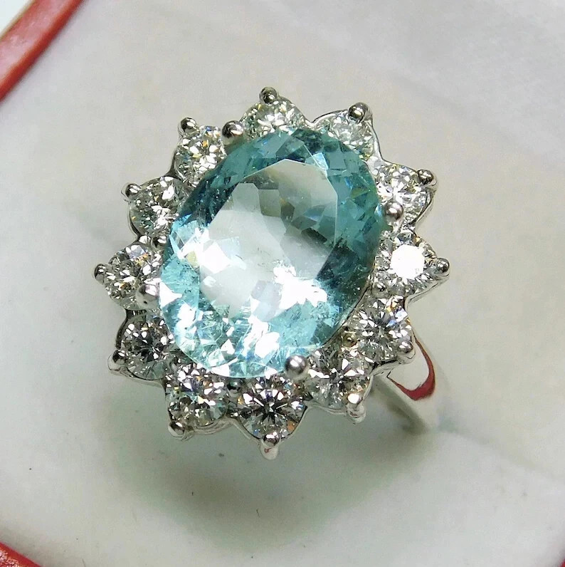 4.65 Ct Natural Aquamarine & Diamond Wedding Ring 14K Solid White Gold
