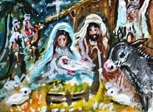 ACEO Original Christmas MANGER Painting Nativity Religious Mary Jesus Animal ART