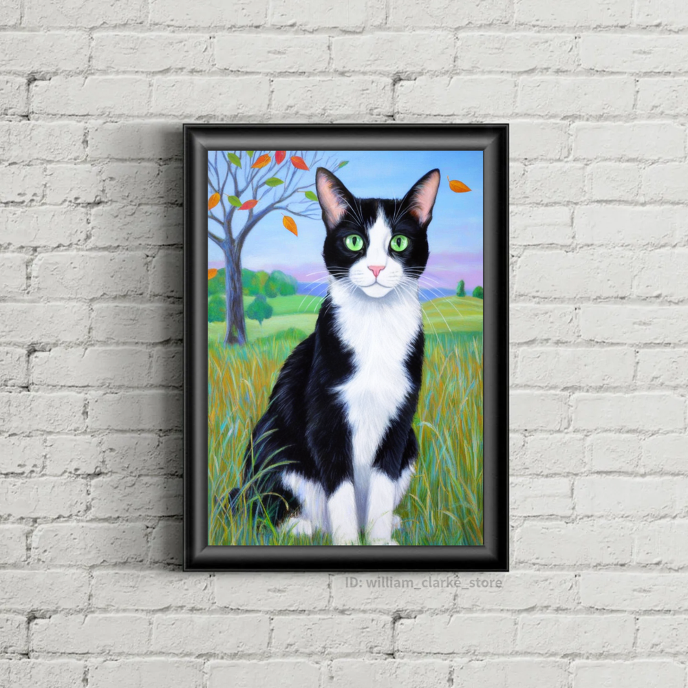 Tuxedo Cat art poster Original painting pet animal portrait autumn landscape