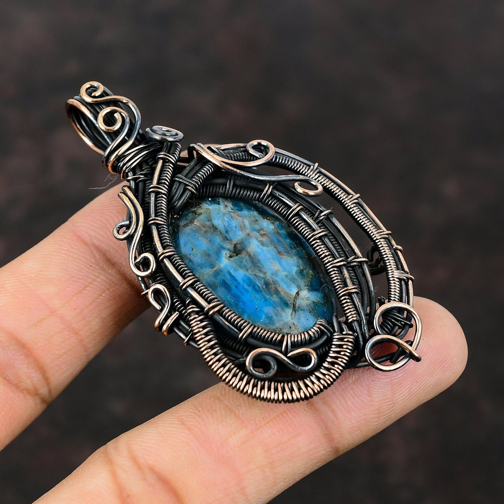 Christmas Sale Copper Oval Neon Apatite Stone Wire Wrapped Anniversary Pendant-image