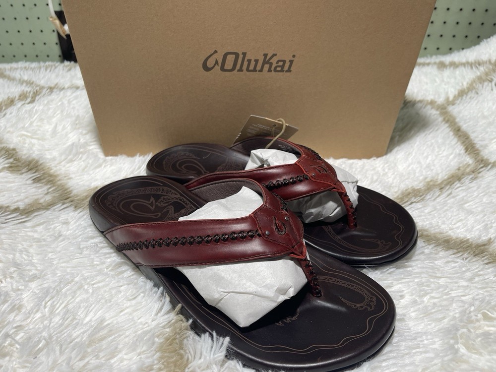OluKai Men's Mea Ola Size 11 Leather Sandals Terra Dark Wood New