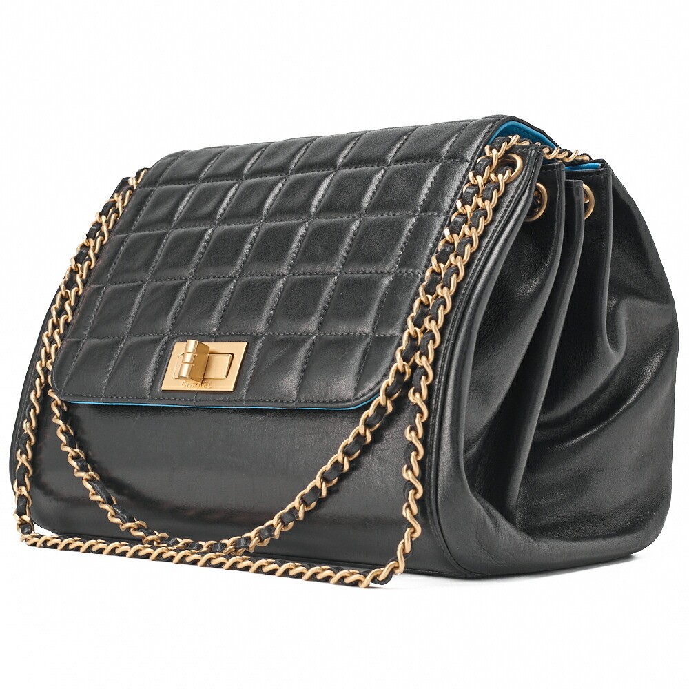 CHANEL 2.55 Lock Chain Lambskin Shoulder Bag Black & Blue 31289