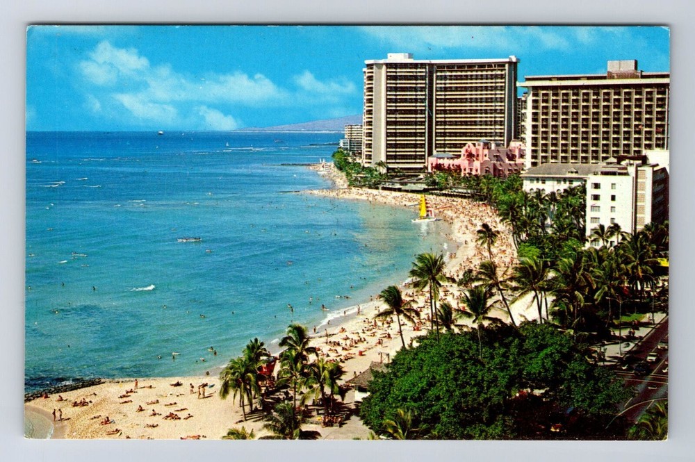 Waikiki Beach HI-Hawaii, Hotels Lining Beach, Kalakaua Ave Vintage Postcard