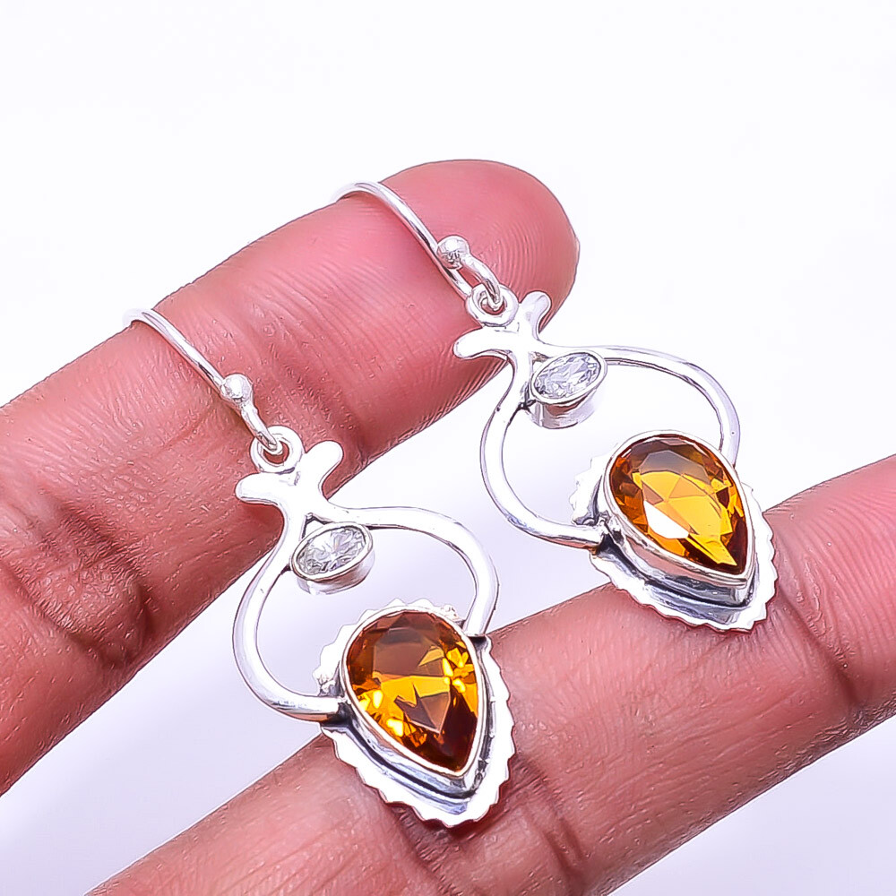 Citrine White Topaz Handmade Sterling Silver Earrings 1.72 Inch E3 Design