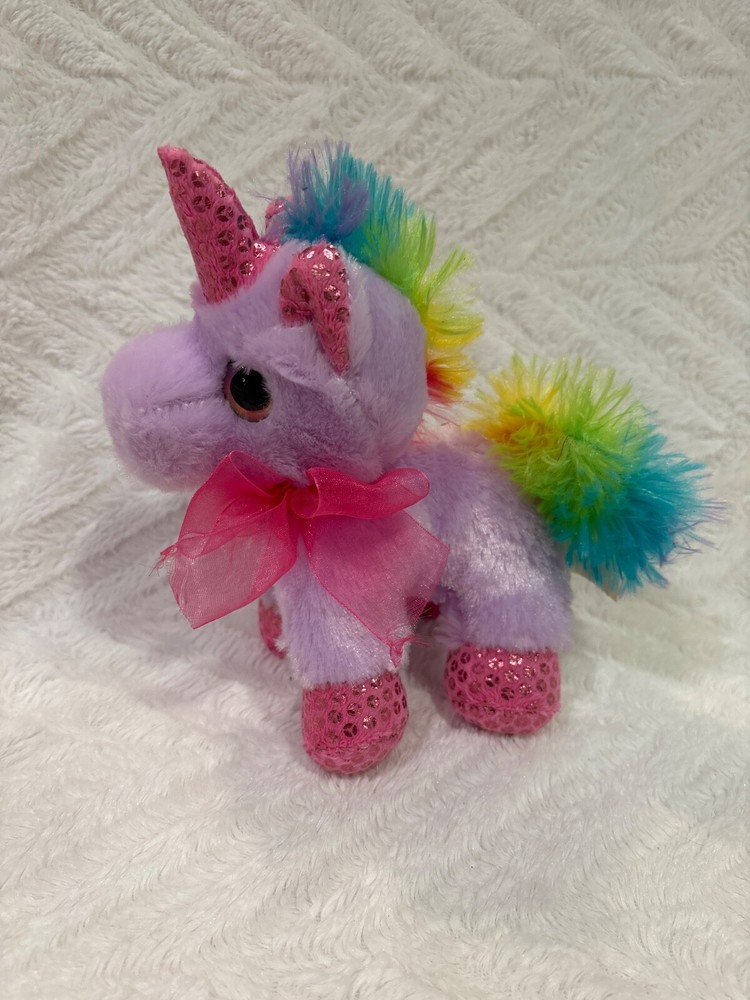 Unicorn baby plush with pink bow in purple rainbow colors 8 inch