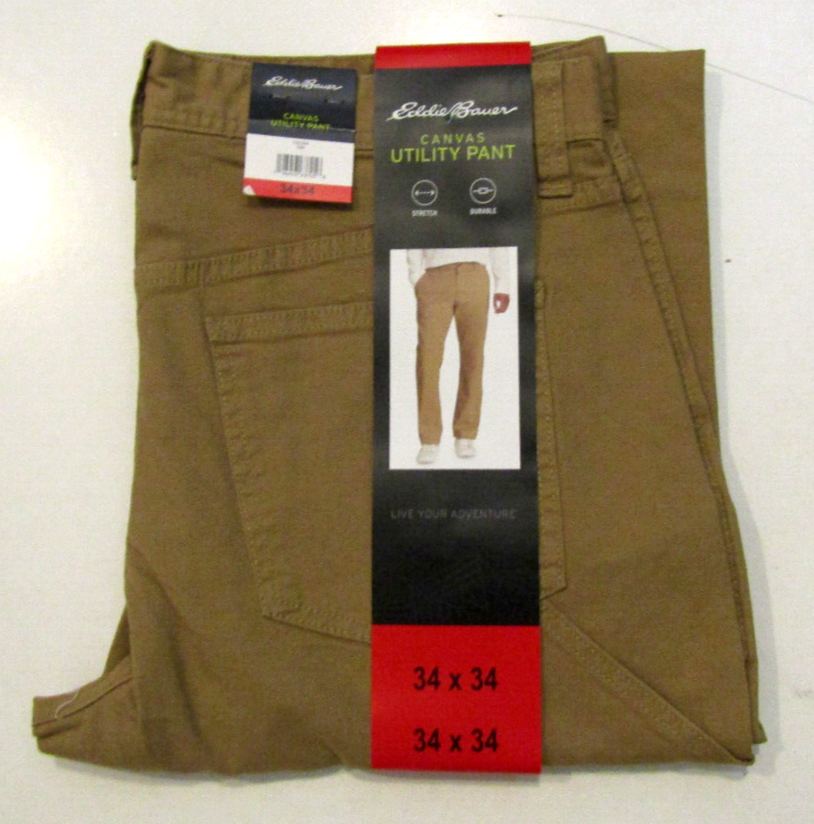 EDDIE BAUER Tan Canvas Durable Stretch Utility Pants Size 34 X 34 NWT Mens