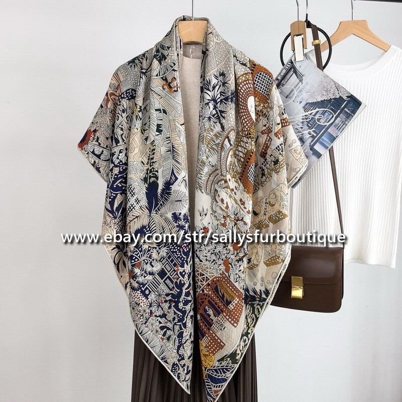 Sallys Double Face Cashmere Silk Scarf Shawl Stole 53 Navy Brown Garden Wrap  