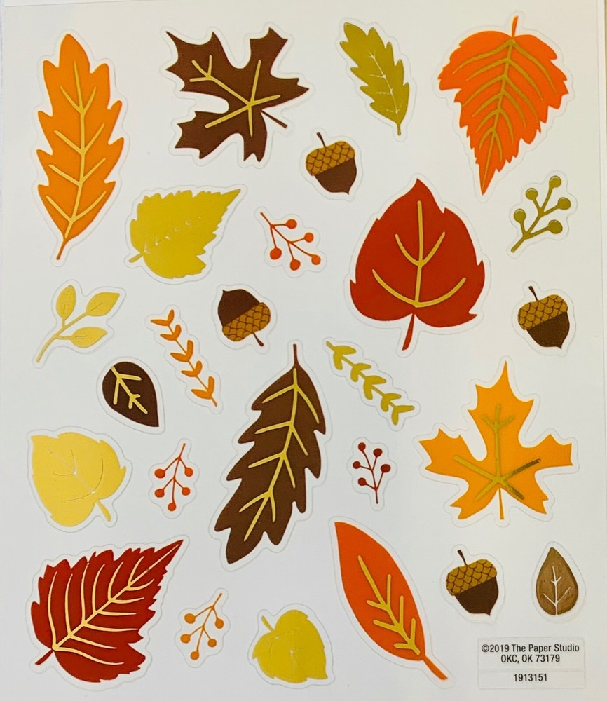2 Sheets Gold Foil Fall Leaves Stickers Papercraft Planner Supply Autumn Acorn
