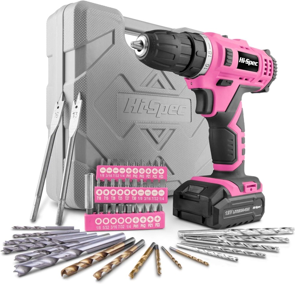 50 Piece 12V Pink Drill Driver & Multi Bit Set. High Speed Cordless , Pink