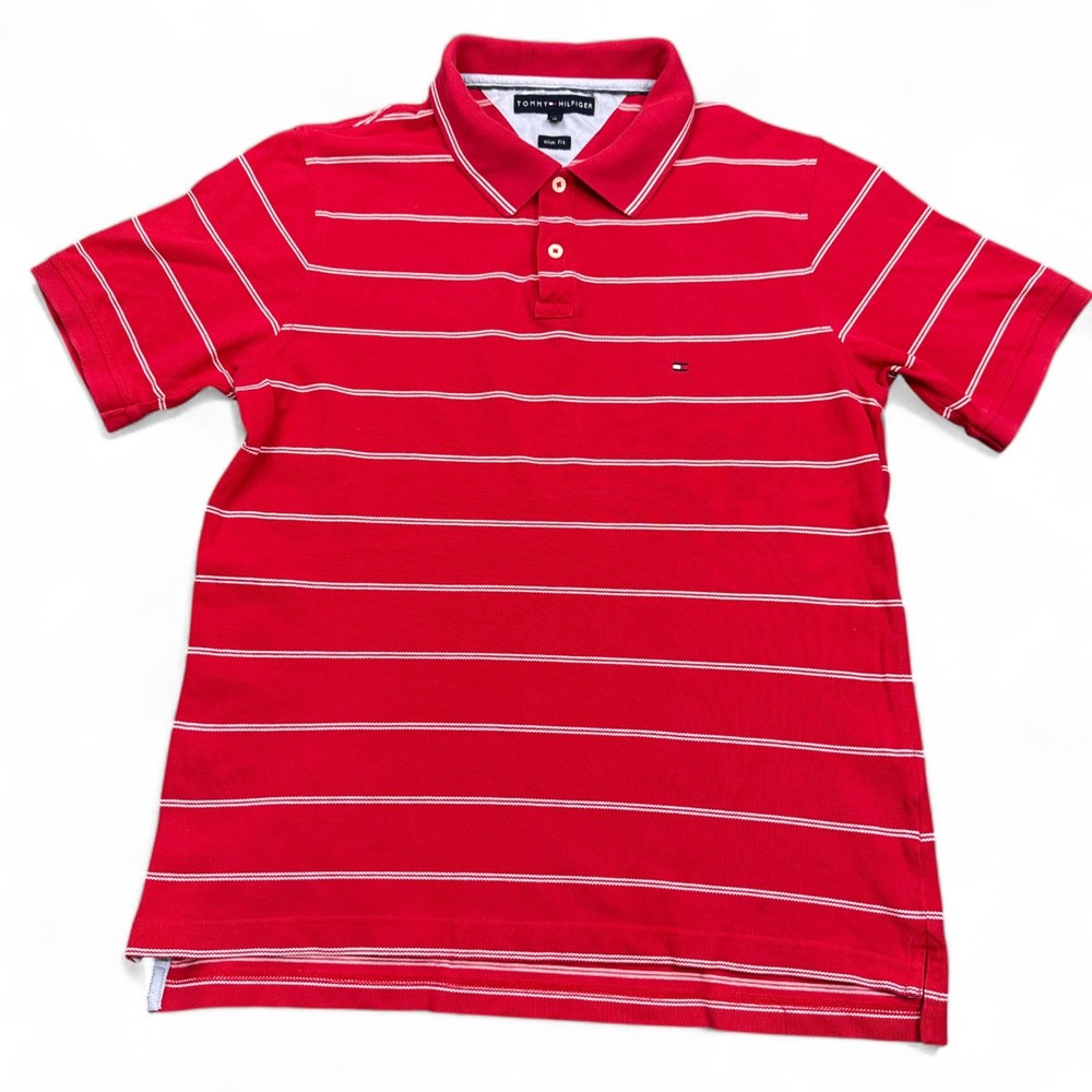 Tommy Hilfiger Essential Polo Shirt Mens Size XL Red Striped Slim Fit Casual