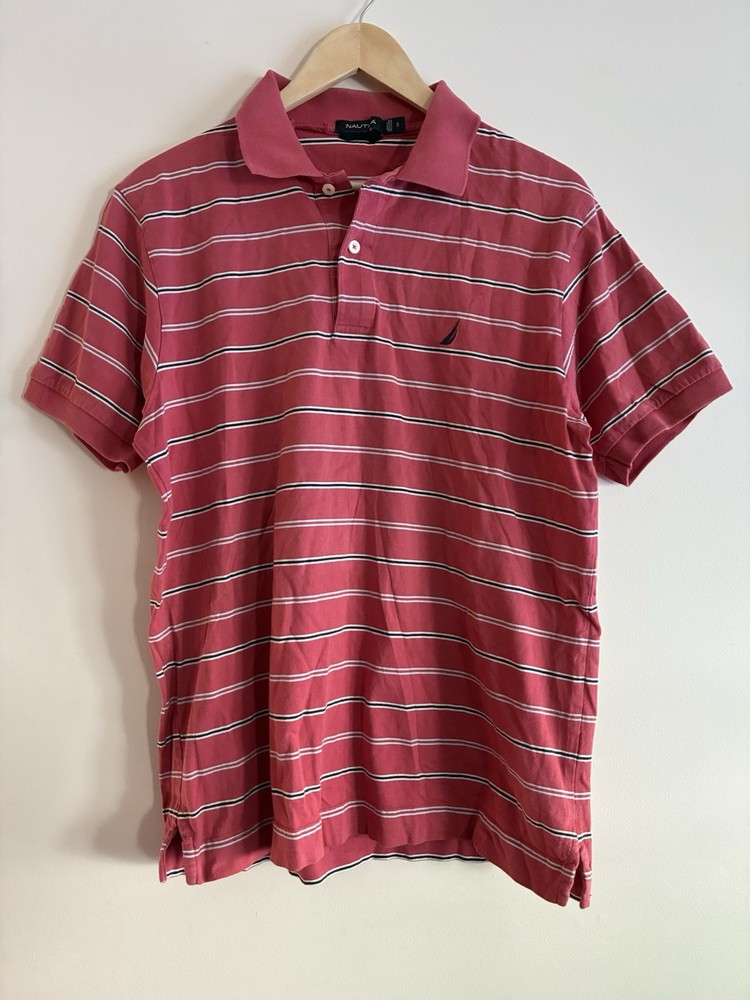 Nautica Men's Embroidered Logo Striped 100% Cotton Short Sleeve Polo Shirt Red S