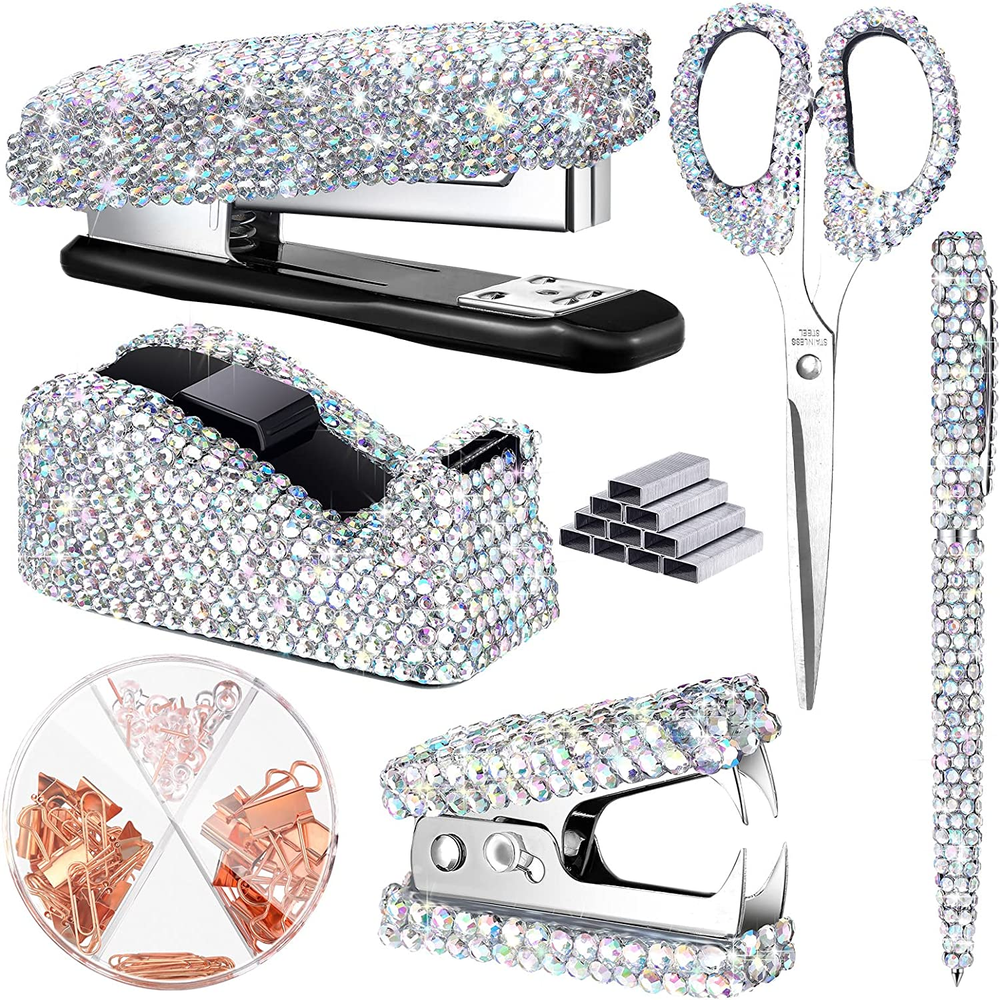 Demissle 6 Pcs Bling Office Desk Accessories Set Crystal School Stationery Kit S