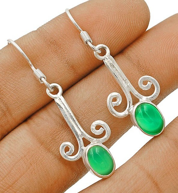Natural Green Onyx 925 Solid Genuine Sterling Silver Earrings