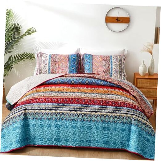 Bohemian Quilt Set Super King, Boho Striped Pattern Quilts Bedspread Set for