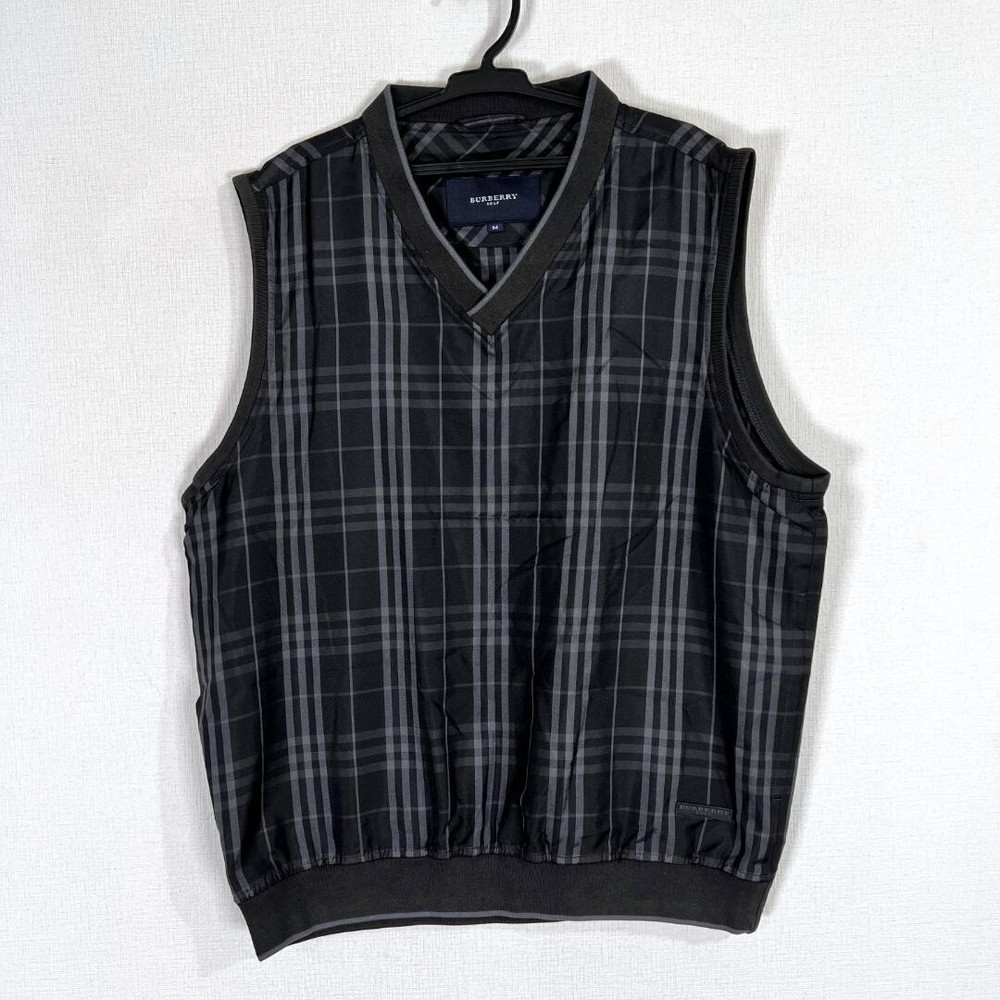 BURBERRY GOLF Vest Check Polyester 100% V-neck Made in Japan Men Size M Used