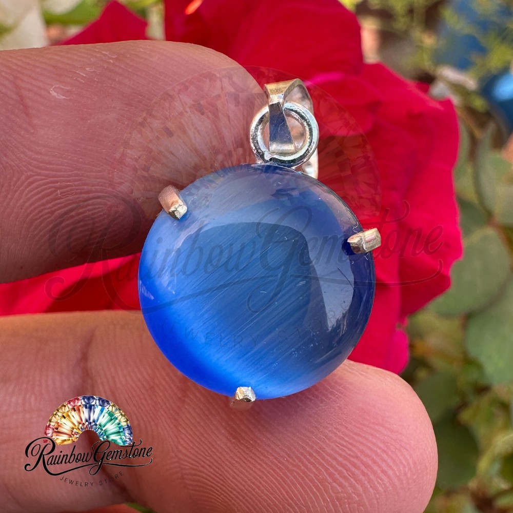 Natural Certified Chrysoberyl Blue Cats Eye 16 Ct Cabochon 925 Silver Pendant