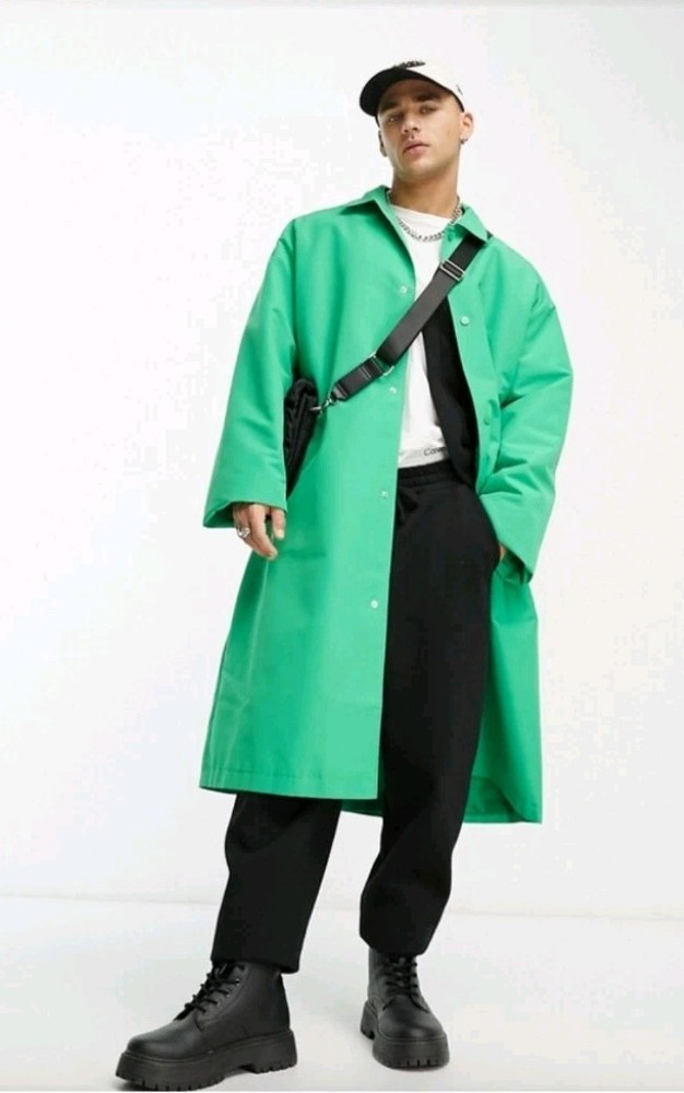 ASOS Design Oversized Trench Coat Green Pockets Waterproof Snap Buttons Medium