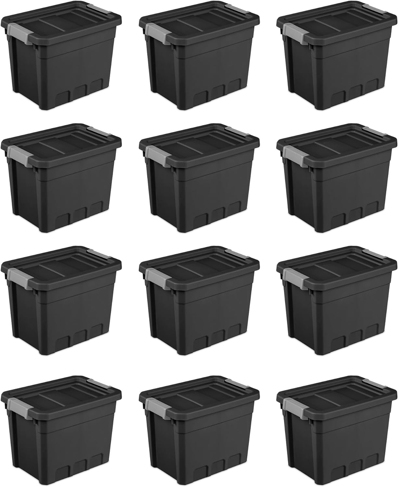 12-Pack Plastic Storage Bins with Lids, Stackable Containers, 7.5 Gallon, Black
