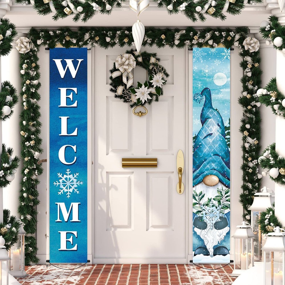 2 Pcs Christmas Porch Banners Winter Gnome Porch Sign Christmas Hanging Welco...