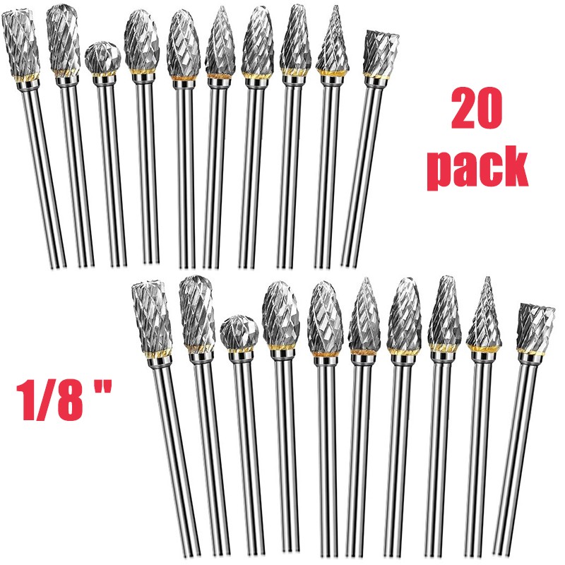 20-Pack 1/8-Inch Tungsten Carbide Rotary Burr Set for Dremel Tools