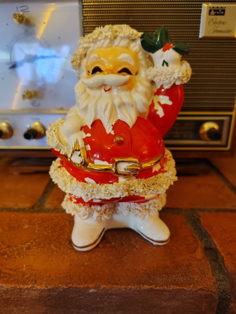 1959 Napco Waving Santa Bank - Spaghetti Trim - Christmas Decor - Vintage MCM