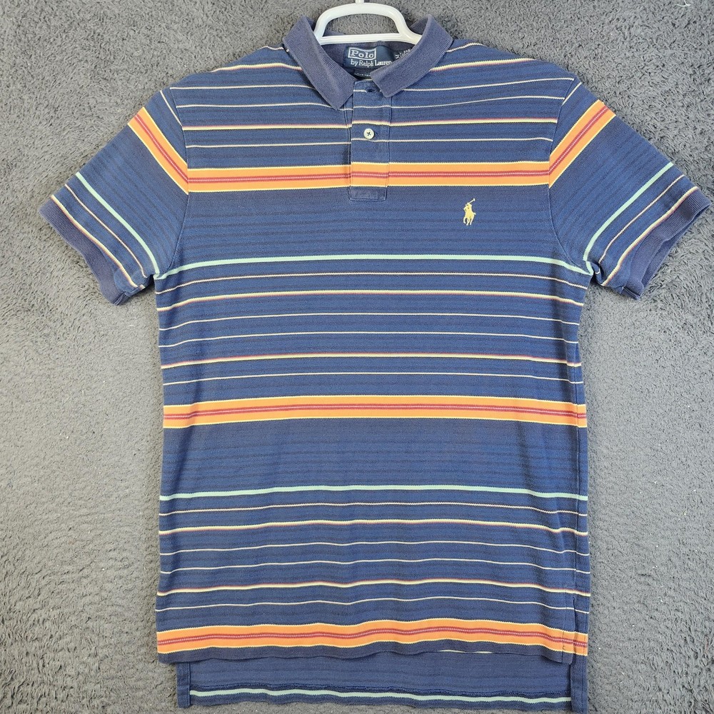 Polo Ralph Lauren Polo Shirt Mens Medium Blue Custom Fit Striped Short Sleeve