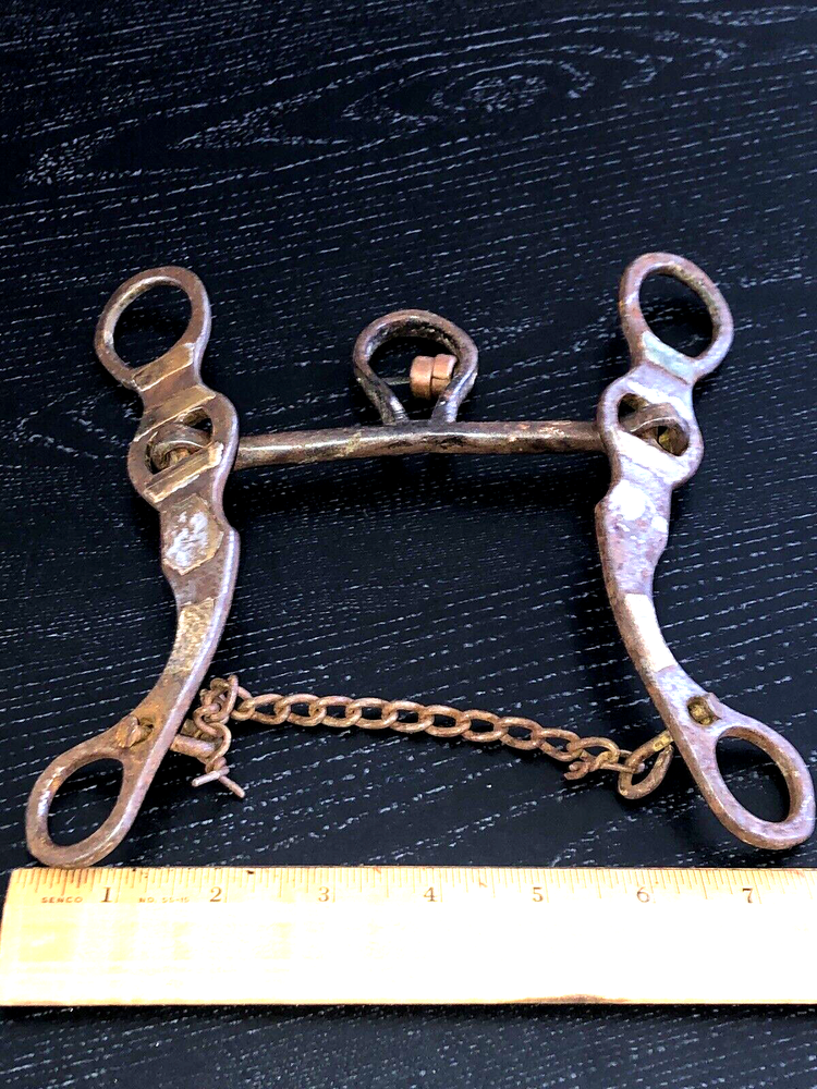 Antique Hand Forged  Iron & Silver Inlaid Horse Harness Bit & Chain Rare