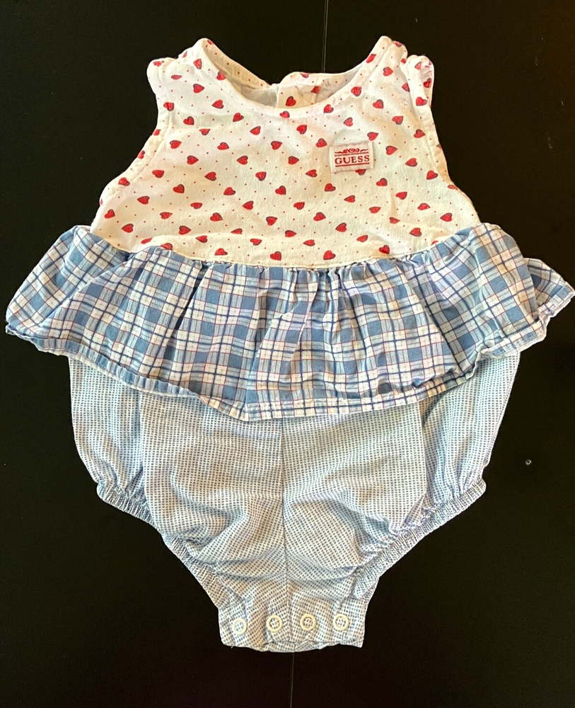 Vintage BABY GUESS JEANS Romper BLUE PLAID Red Hearts PEPLUM RUFFLE Cotton 12 M