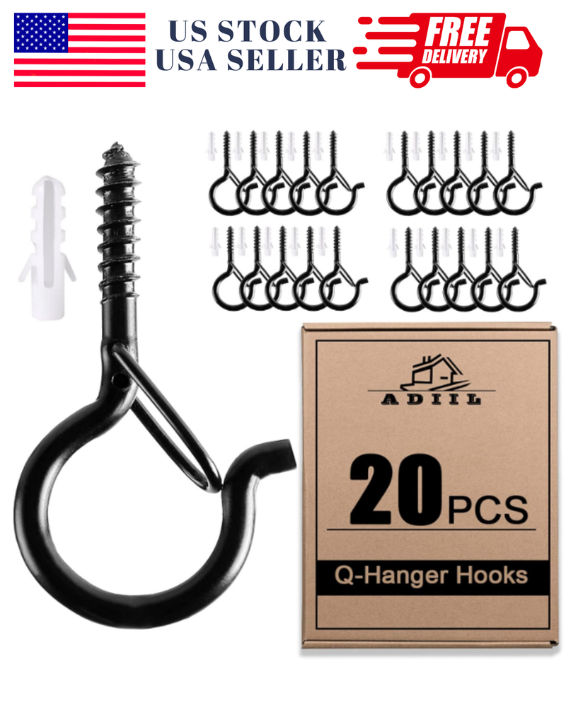 20-Pack Q Hanger Hooks with Safety Buckle - Windproof Screw Hooks for Outdoor Hanging